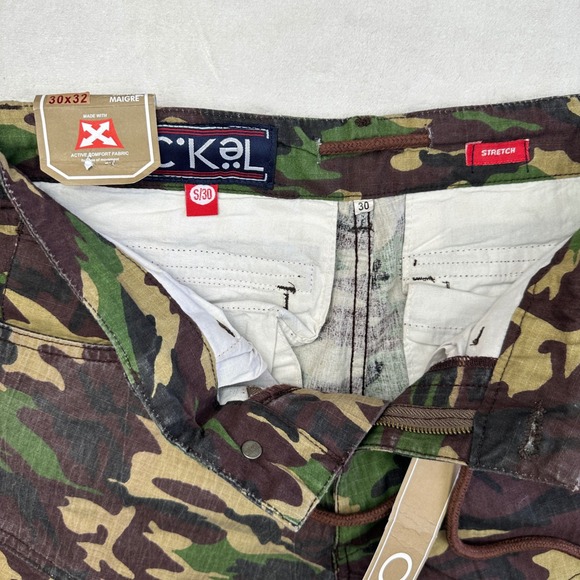 CKOL Mens Skinny Cargo Pants 30x32 Camouflage Stretch Woodland Green Brown NEW - Picture 2 of 8